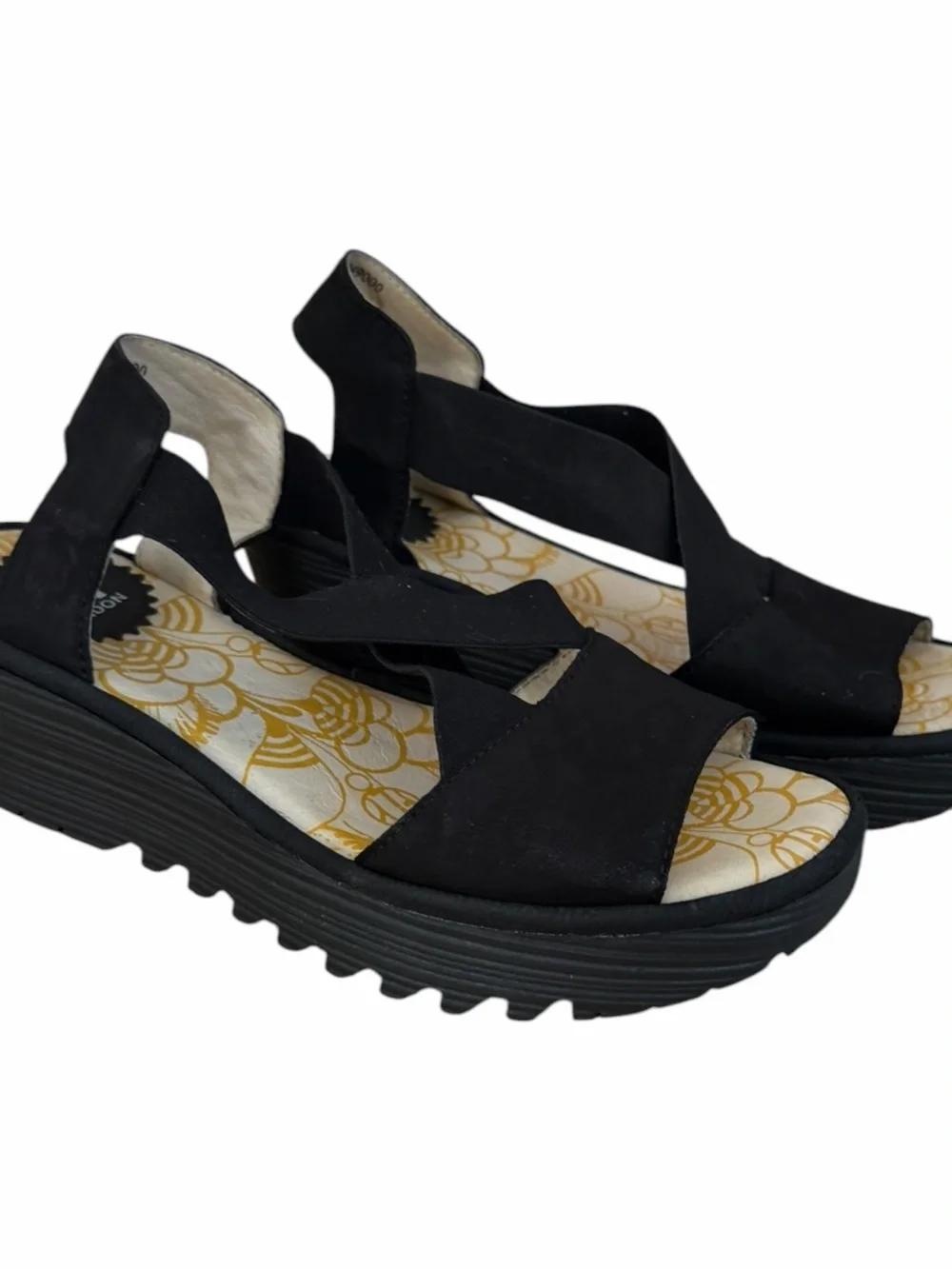 Fly London Yaji888fly Black Leather Crisscross Elastic Wedge Sandals Sz 35 US 5